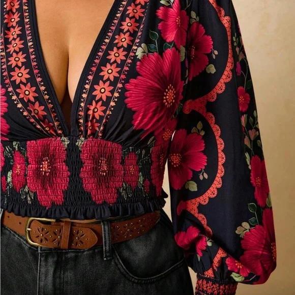 Plus Size Romantic Bohemian Floral Print Long Sleeve Tie Front Blouse Shirt - Picture 4 of 14